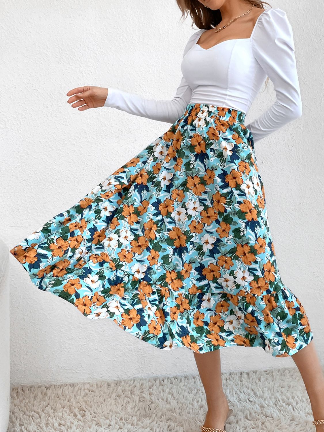 Printed Elastic Waist Midi Skirt-BOTTOM SIZES SMALL MEDIUM LARGE-[Adult]-[Female]-2022 Online Blue Zone Planet