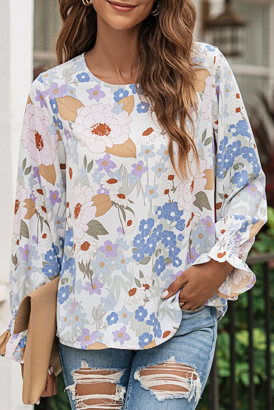 White Floral Print Sweet Lantern Long Sleeve Blouse-Tops/Blouses & Shirts-[Adult]-[Female]-White-S-2022 Online Blue Zone Planet
