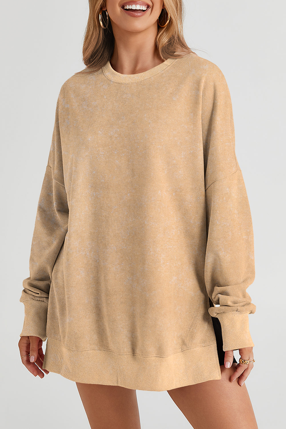 Khaki Drop Shoulder Ribbed Trim Oversized Sweatshirt-Tops/Sweatshirts & Hoodies-[Adult]-[Female]-2022 Online Blue Zone Planet