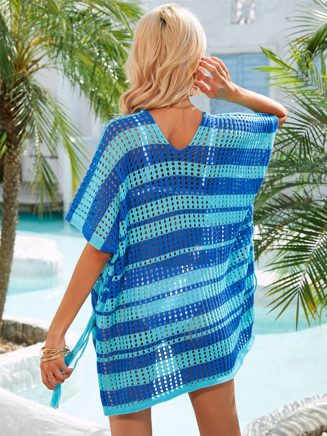 Blue Zone Planet | Tassel Openwork Striped V-Neck Cover Up-TOPS / DRESSES-[Adult]-[Female]-2022 Online Blue Zone Planet