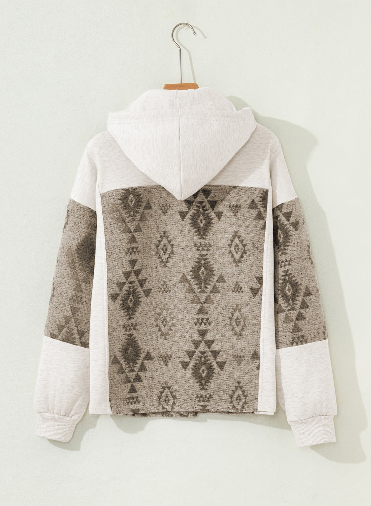 Gray Western Aztec Print Color Block Patchwork Drawstring Hooded Shacket-Tops / Dresses-[Adult]-[Female]-2022 Online Blue Zone Planet