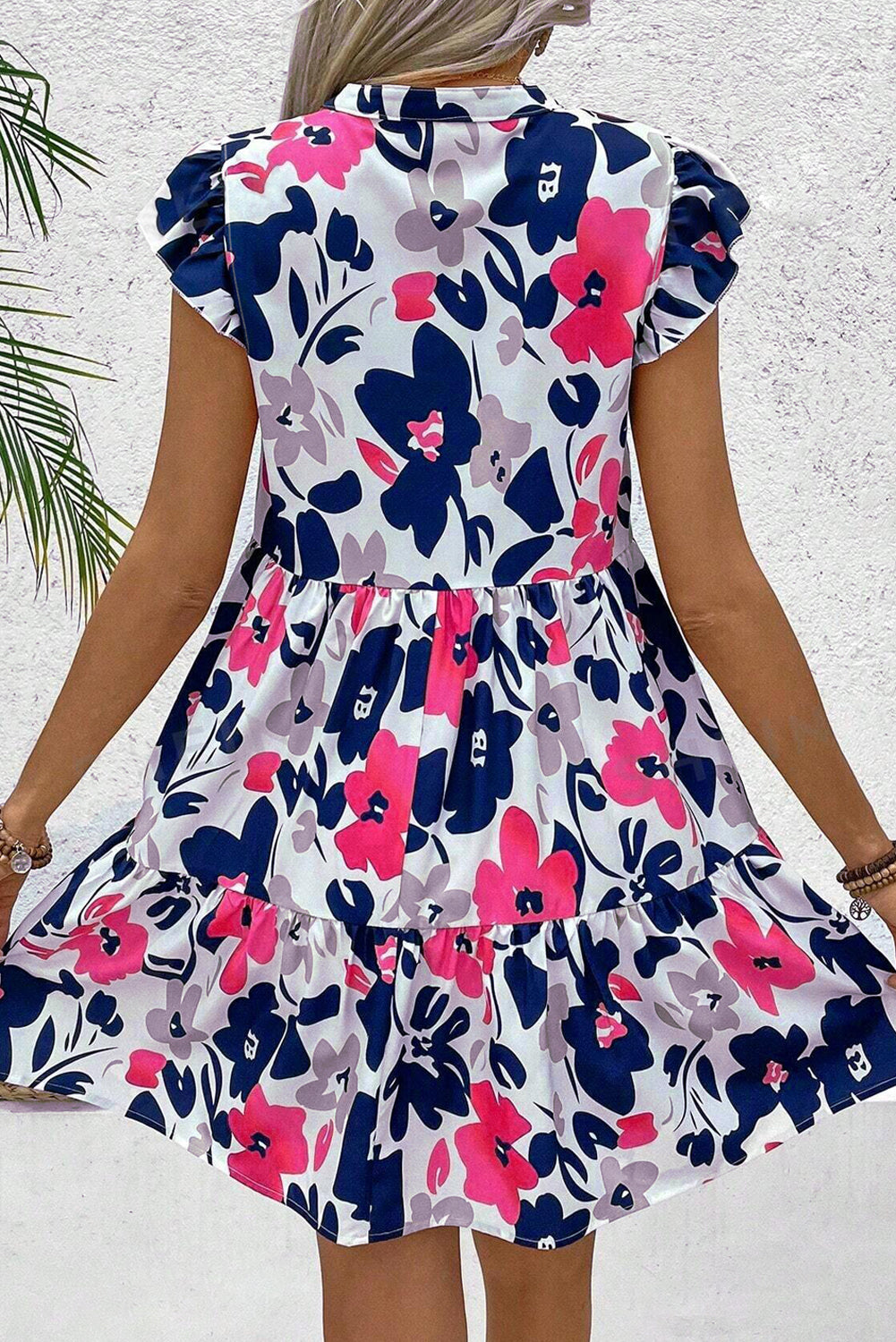 Fashion Floral Print Notched Neck Flutter Sleeve Mini Dress-TOPS / DRESSES-[Adult]-[Female]-2022 Online Blue Zone Planet