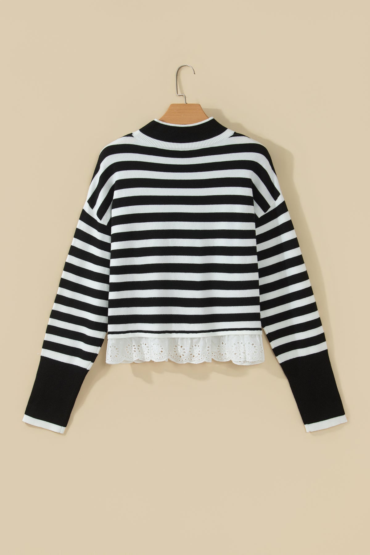 Black Striped High Neck Contrast Ruffle Detail Casual Sweater-Sweaters & Cardigans/Sweaters-[Adult]-[Female]-2022 Online Blue Zone Planet