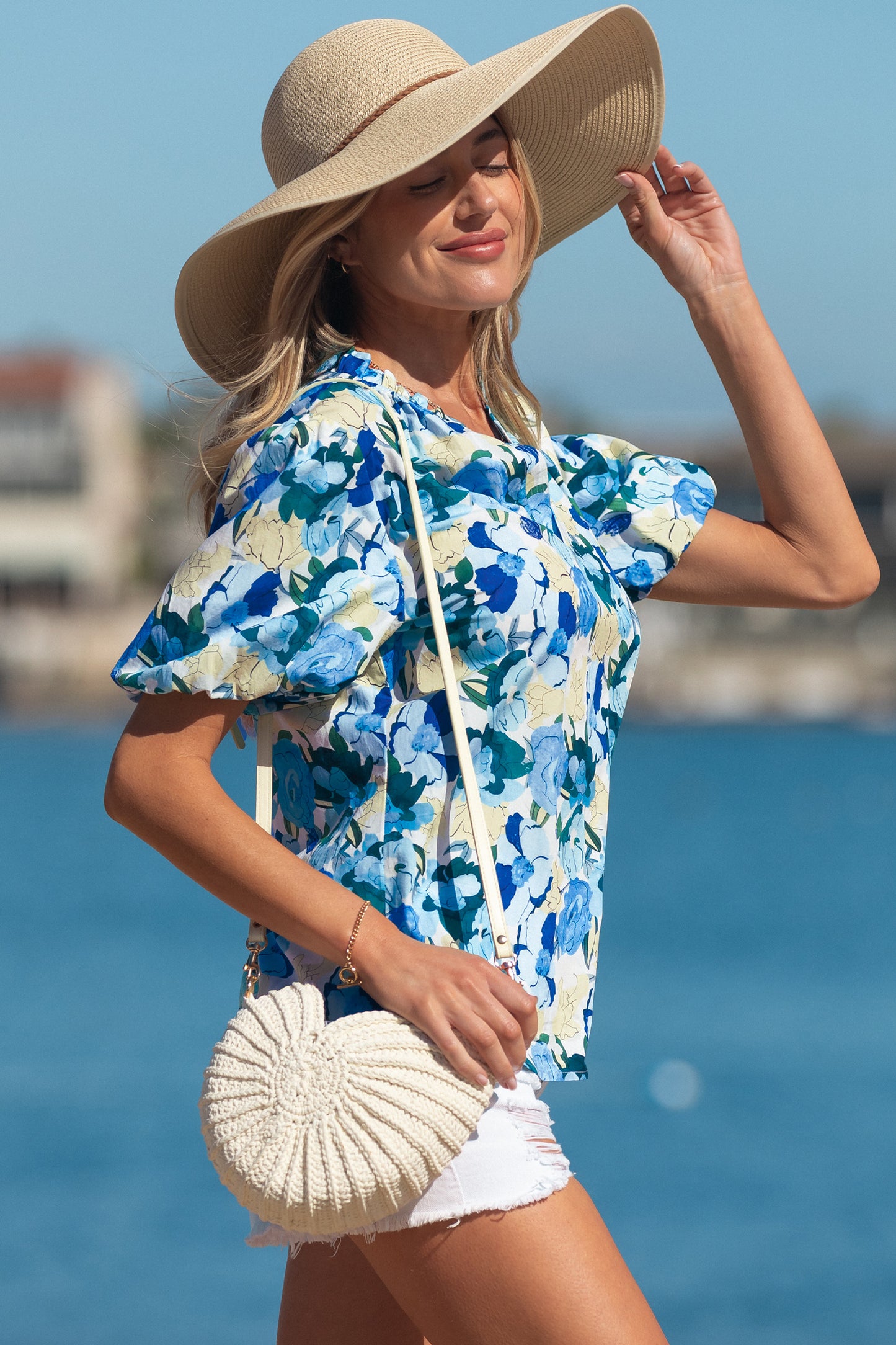 Sky Blue Floral Print Short Puff Sleeve V Neck Blouse-Tops/Blouses & Shirts-[Adult]-[Female]-2022 Online Blue Zone Planet