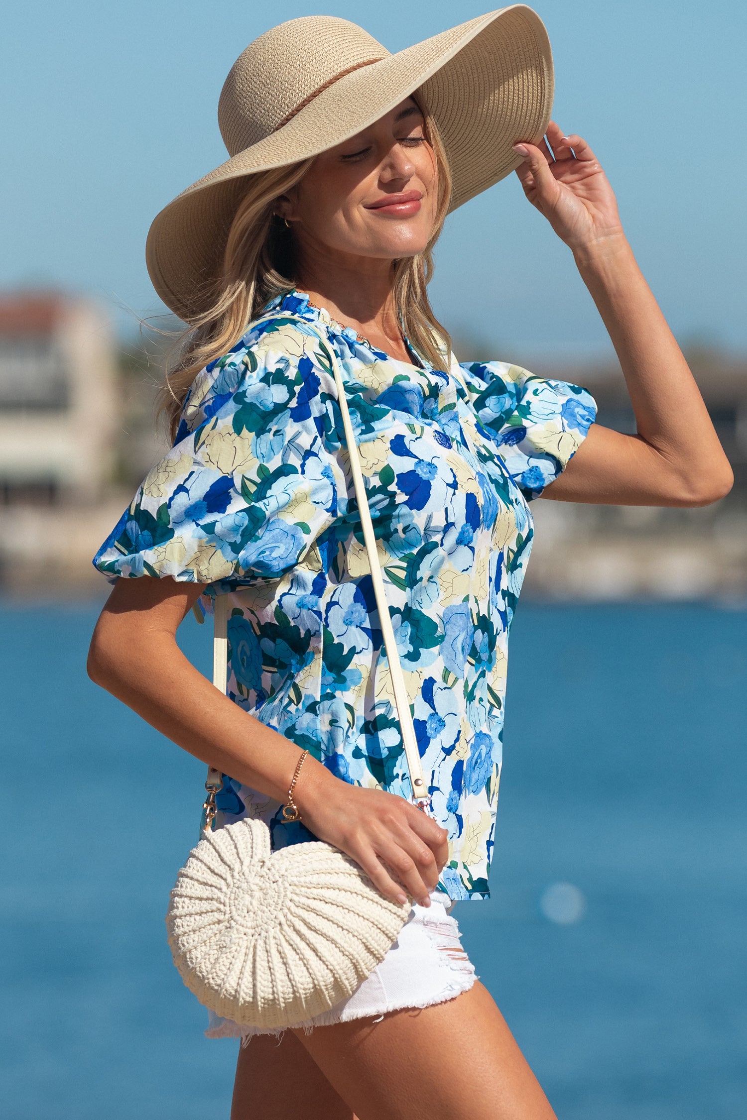 Sky Blue Floral Print Short Puff Sleeve V Neck Blouse-Tops/Blouses & Shirts-[Adult]-[Female]-2022 Online Blue Zone Planet