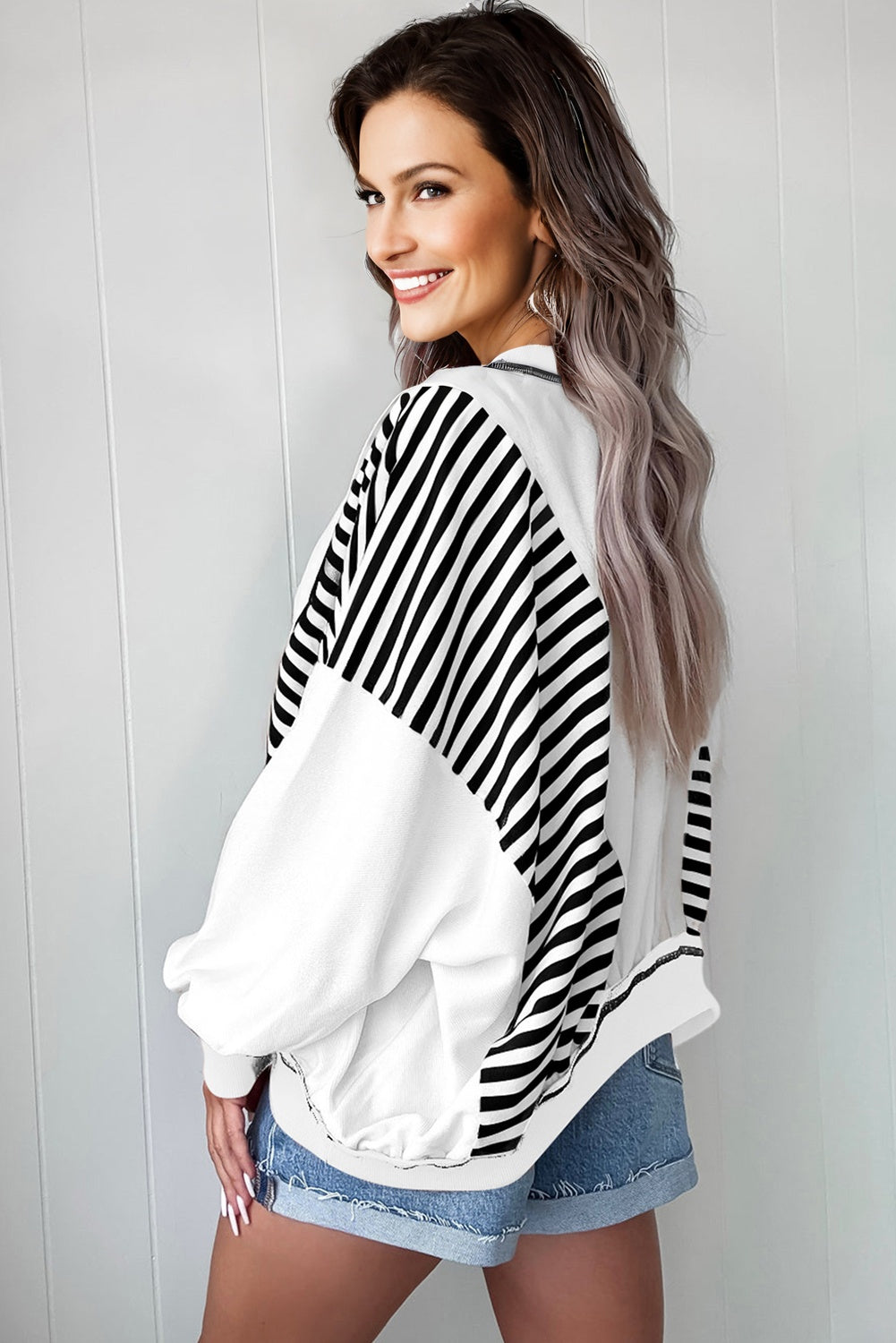 White Stripe Colorblock Patchwork Contrast Stitching Oversize Sweatshirt-Tops/Sweatshirts & Hoodies-[Adult]-[Female]-2022 Online Blue Zone Planet