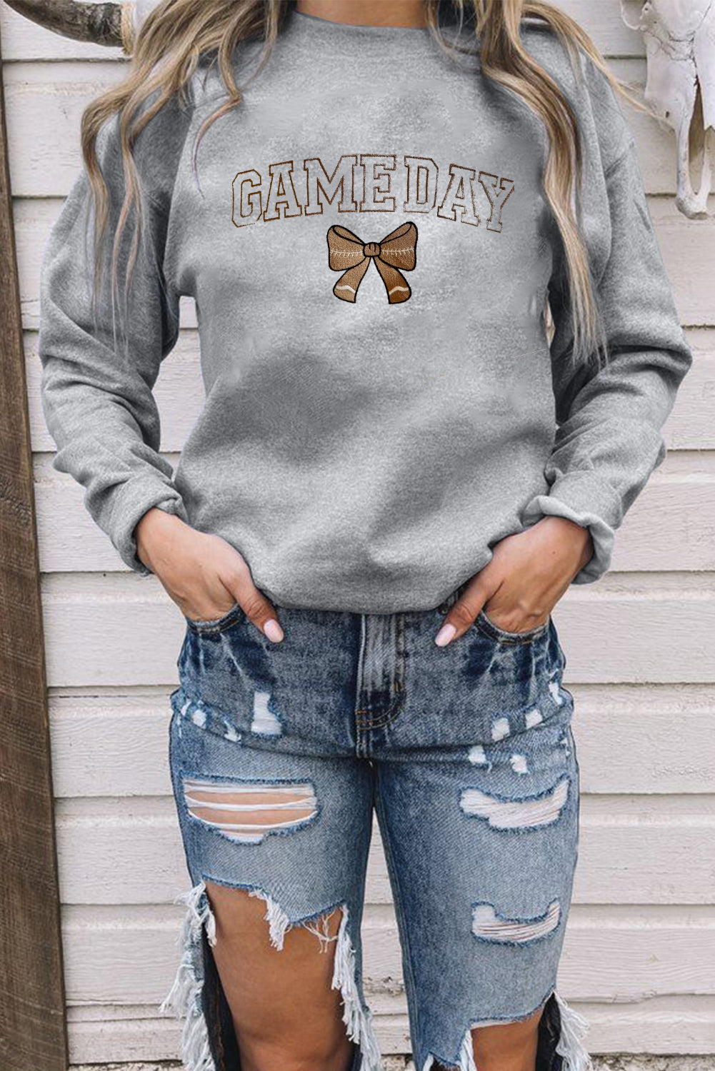 Gray GAME DAY Rugby Bow Embroidered Casual Sweatshirt-Graphic/Graphic Sweatshirts-[Adult]-[Female]-2022 Online Blue Zone Planet