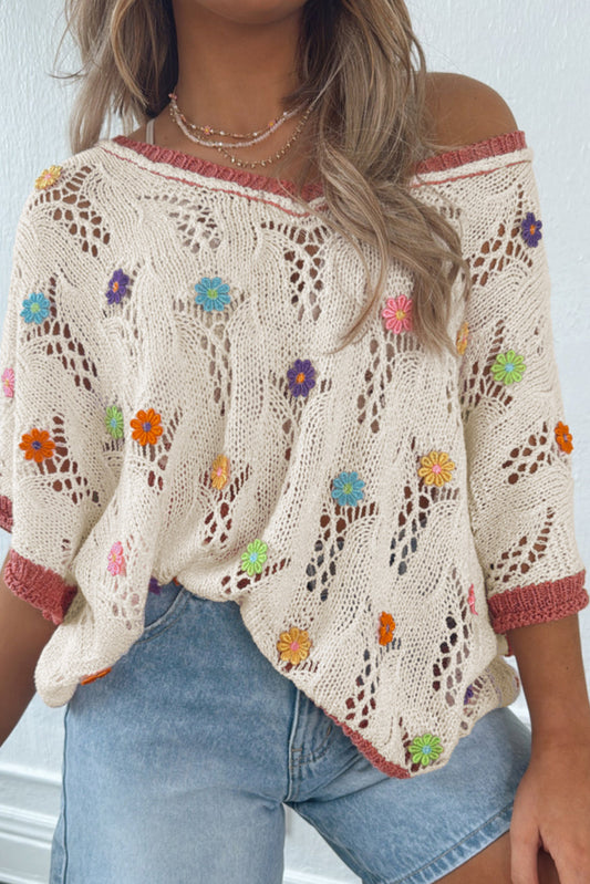 Delicacy Embroidered Flowers Colorblock Edge Hollowed Sweater-TOPS / DRESSES-[Adult]-[Female]-2022 Online Blue Zone Planet