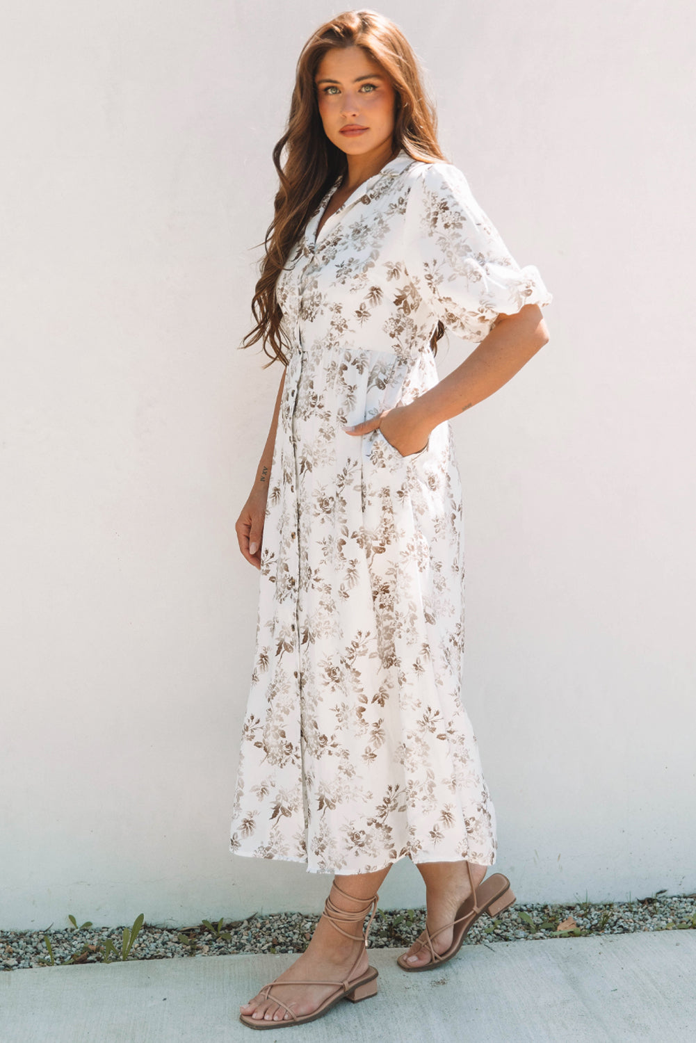 Khaki Floral Puff Sleeve V Neck Buttoned Front Maxi Dress-Dresses/Maxi Dresses-[Adult]-[Female]-2022 Online Blue Zone Planet