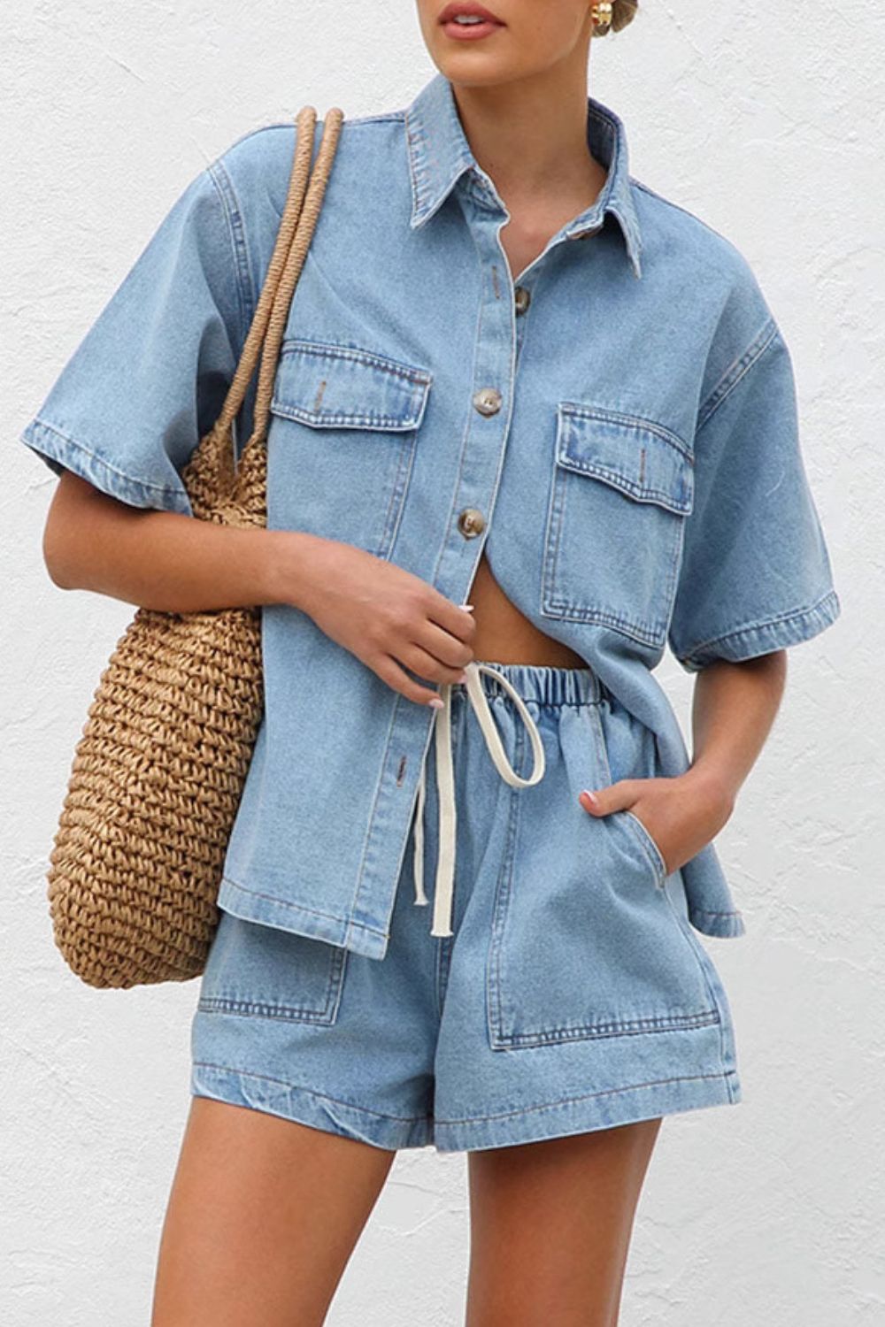 Collared Neck Button Up Top and Shorts Denim Set-TOPS / DRESSES-[Adult]-[Female]-2022 Online Blue Zone Planet