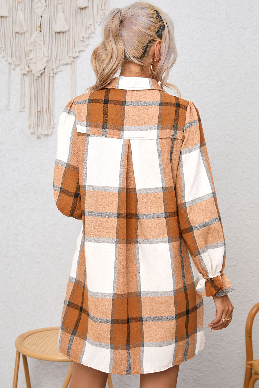 Blue Zone Planet | Khaki Plaid Pattern Collared Neck Ruffled Sleeve Shirt Dress-TOPS / DRESSES-[Adult]-[Female]-2022 Online Blue Zone Planet