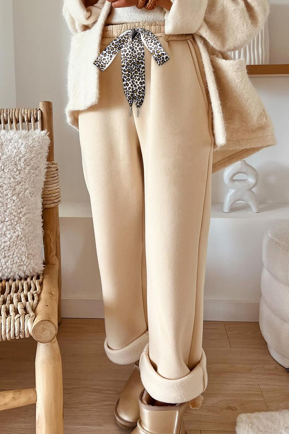 Oatmeal Fleece Lined Leopard Drawstring Elastic Waist Solid Pants-Bottoms/Pants & Culotte-[Adult]-[Female]-2022 Online Blue Zone Planet