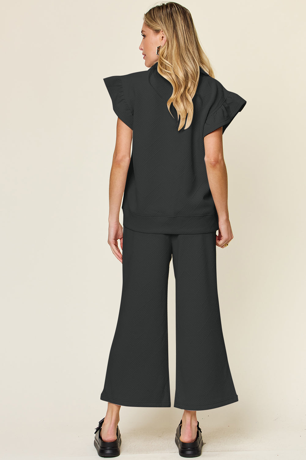 Blue Zone Planet | Double Take Texture Ruffle Short Sleeve Top and Drawstring Wide Leg Pants Set-TOPS / DRESSES-[Adult]-[Female]-2022 Online Blue Zone Planet