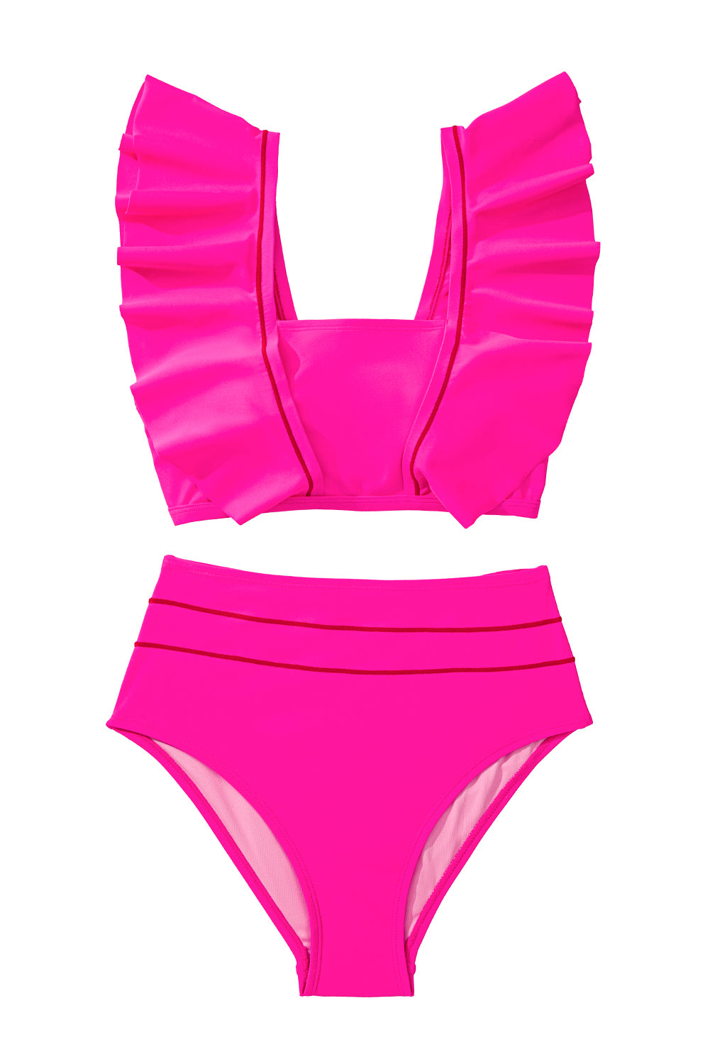 Rose Red Tie Back Ruffled 2pcs Bikini Swimsuit-Bikini Sets-[Adult]-[Female]-2022 Online Blue Zone Planet