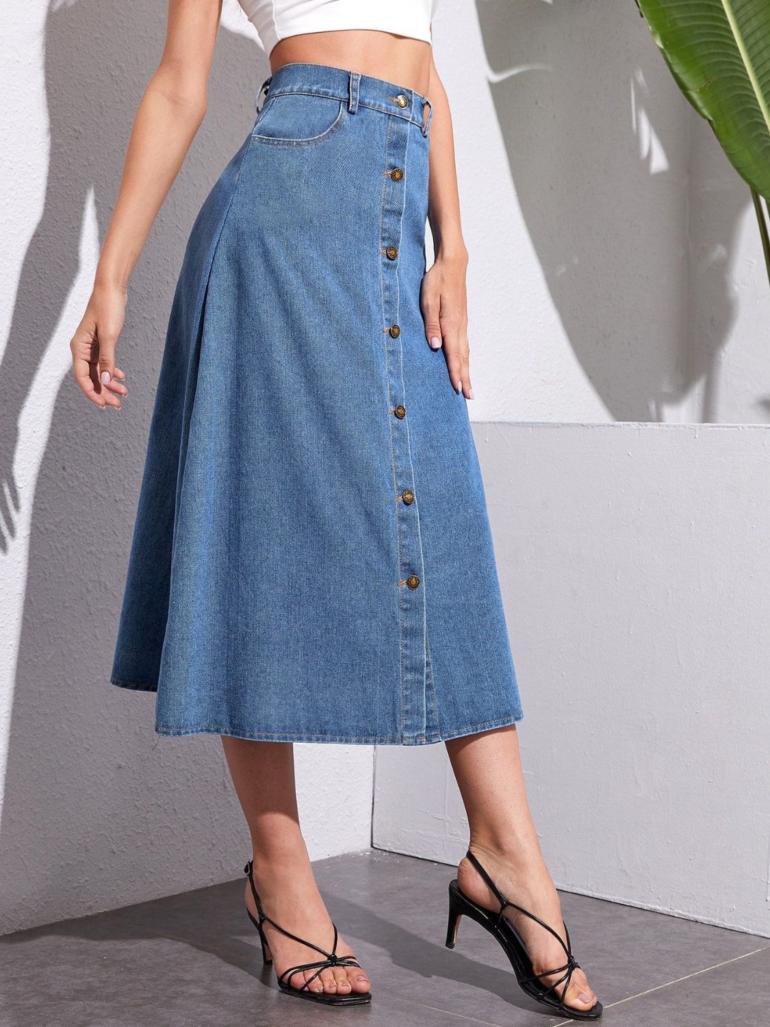 Buttoned Midi Denim Skirt with Pockets-BOTTOM SIZES SMALL MEDIUM LARGE-[Adult]-[Female]-2022 Online Blue Zone Planet