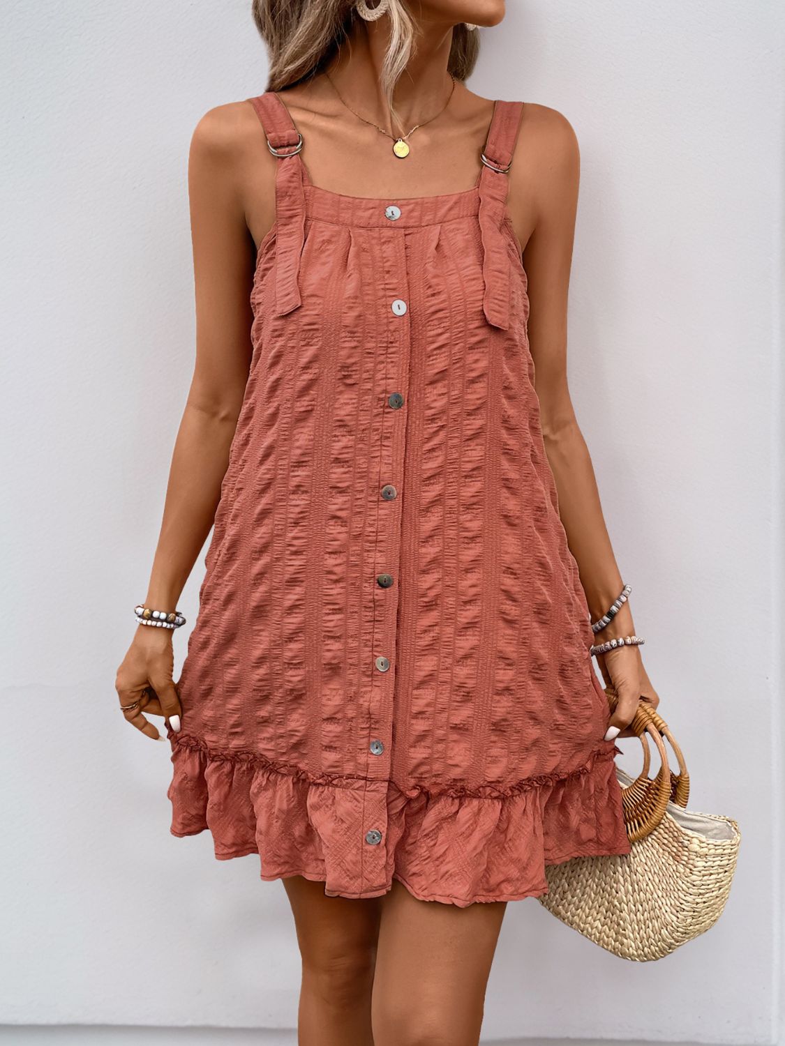 Perfee Texture Square Neck Wide Strap Mini Dress-TOPS / DRESSES-[Adult]-[Female]-2022 Online Blue Zone Planet