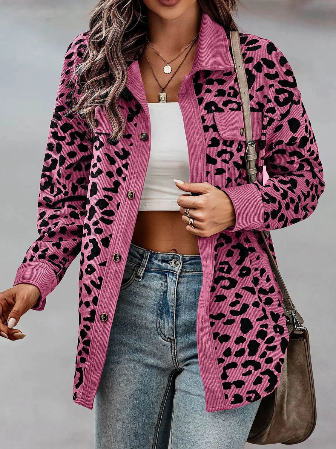 Full Size Leopard Collared Neck Button Up Long Sleeve Jacket-TOPS / DRESSES-[Adult]-[Female]-Cerise-S-2022 Online Blue Zone Planet