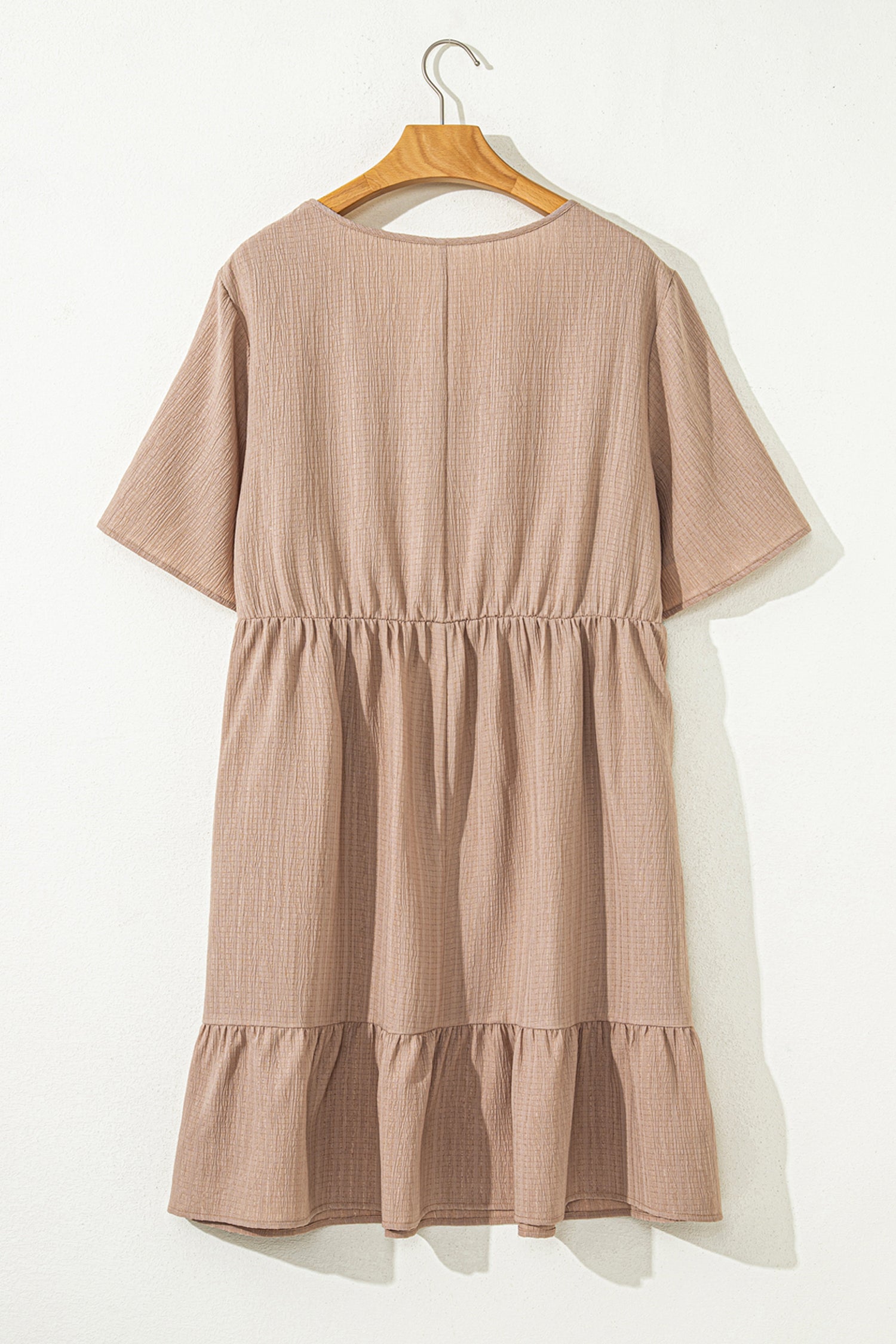 Dark Khaki Plus Size Textured Ruffled Short Sleeve Dress-TOPS / DRESSES-[Adult]-[Female]-2022 Online Blue Zone Planet