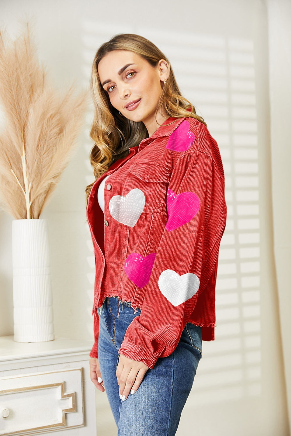 Heart Sequin Dropped Shoulder Jacket-TOPS / DRESSES-[Adult]-[Female]-2022 Online Blue Zone Planet