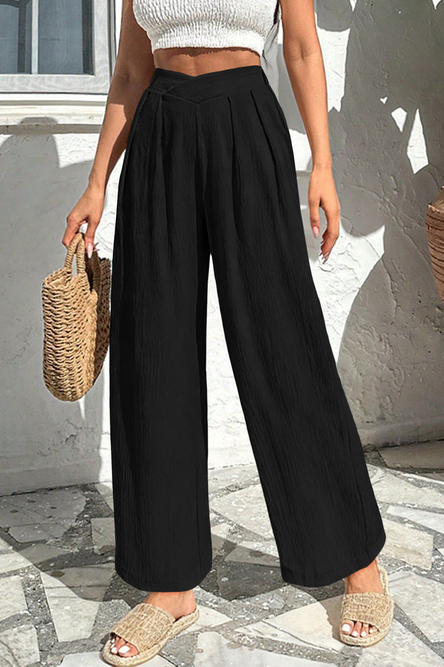 Color Black Solid Color Textured Crossed Waist Loose Pants-Bottoms/Pants & Culotte-[Adult]-[Female]-Color black-S-2022 Online Blue Zone Planet