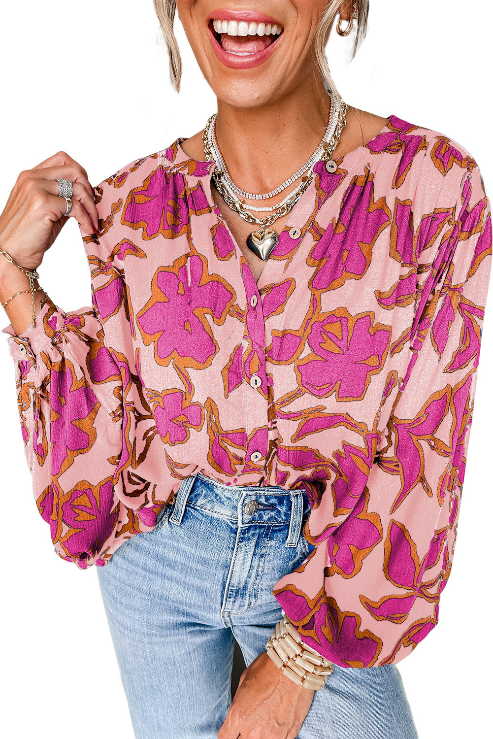 Blue Zone Planet | Pink Floral Print Batwing Sleeve Button Loose Fit Blouse-Blouses-[Adult]-[Female]-2022 Online Blue Zone Planet