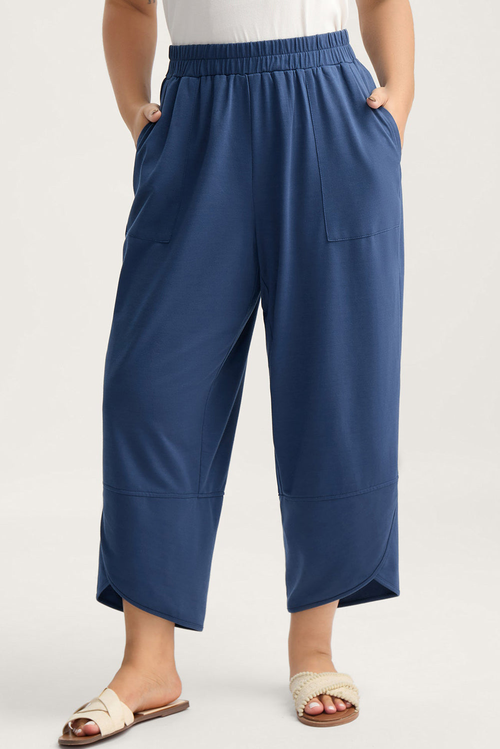 Sail Blue Plus Size Elastic Waist Asymmetrical Hem Loose Capris Pants-Plus Size/Plus Size Bottoms-[Adult]-[Female]-Sail Blue-L-2022 Online Blue Zone Planet