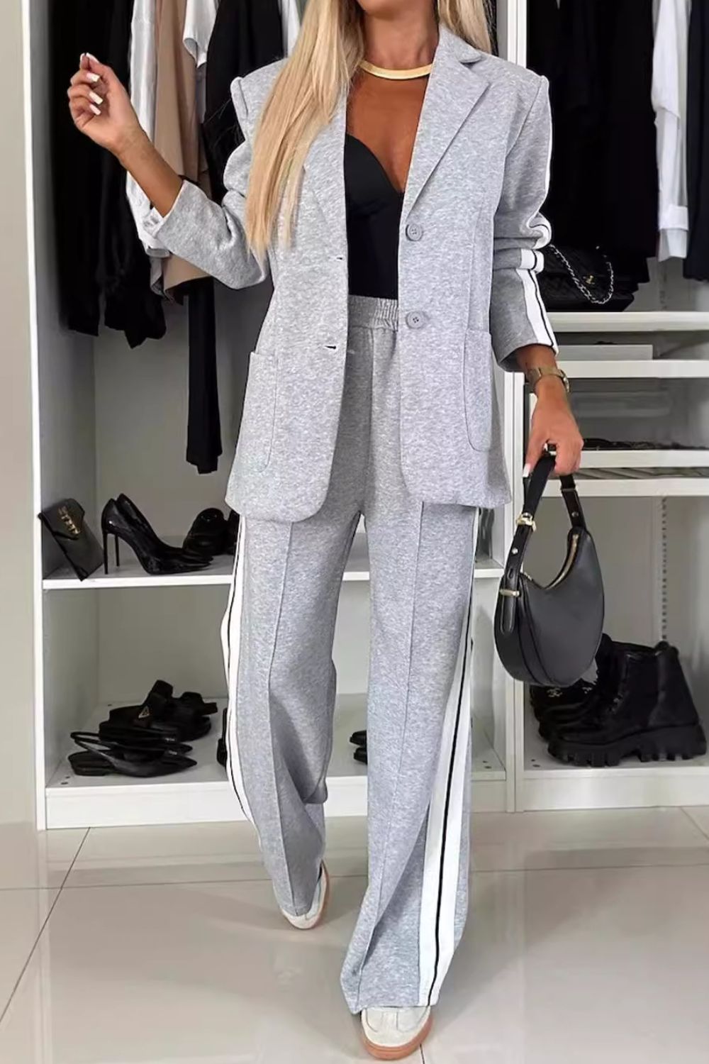 Full Size Contrast Lapel Collar Top and Pants Set-TOPS / DRESSES-[Adult]-[Female]-Light Gray-S-2022 Online Blue Zone Planet