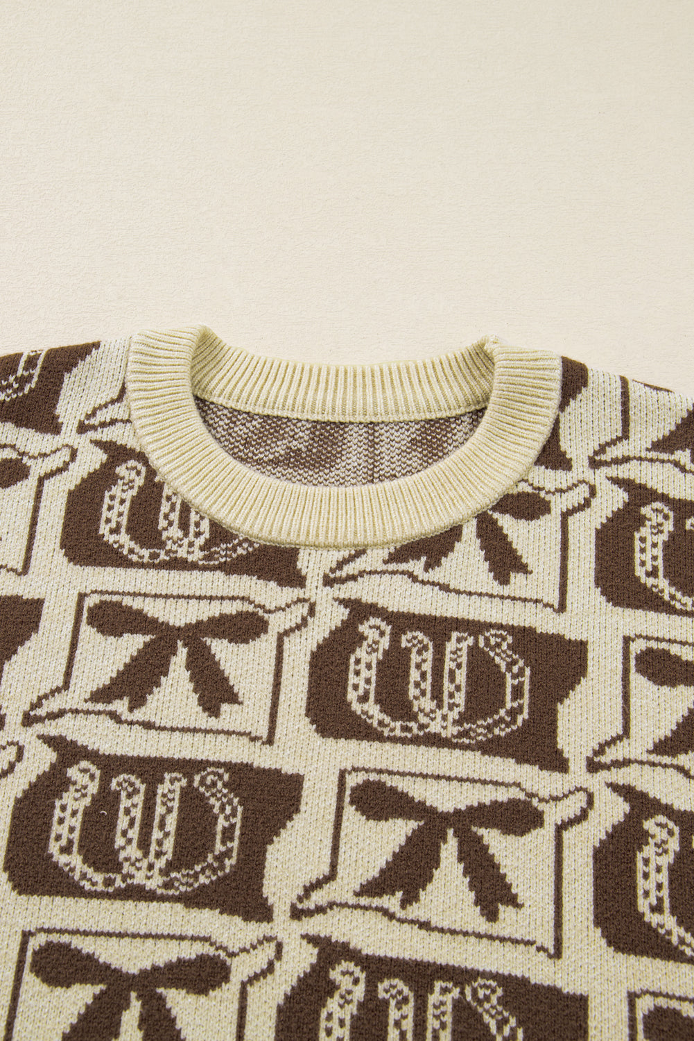 Brown Bow Horseshoe Print Checkered Plus Size Sweater-TOPS / DRESSES-[Adult]-[Female]-2022 Online Blue Zone Planet