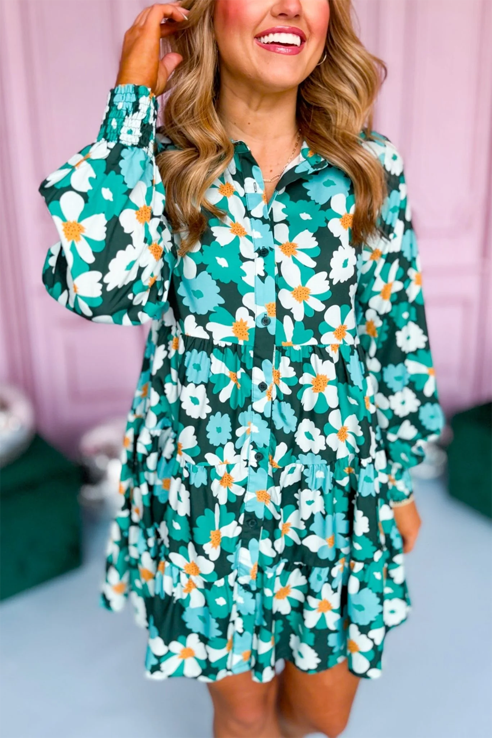 Blue Zone Planet | Green Floral Tiered Long Puff Sleeve Shirt Dress-TOPS / DRESSES-[Adult]-[Female]-2022 Online Blue Zone Planet