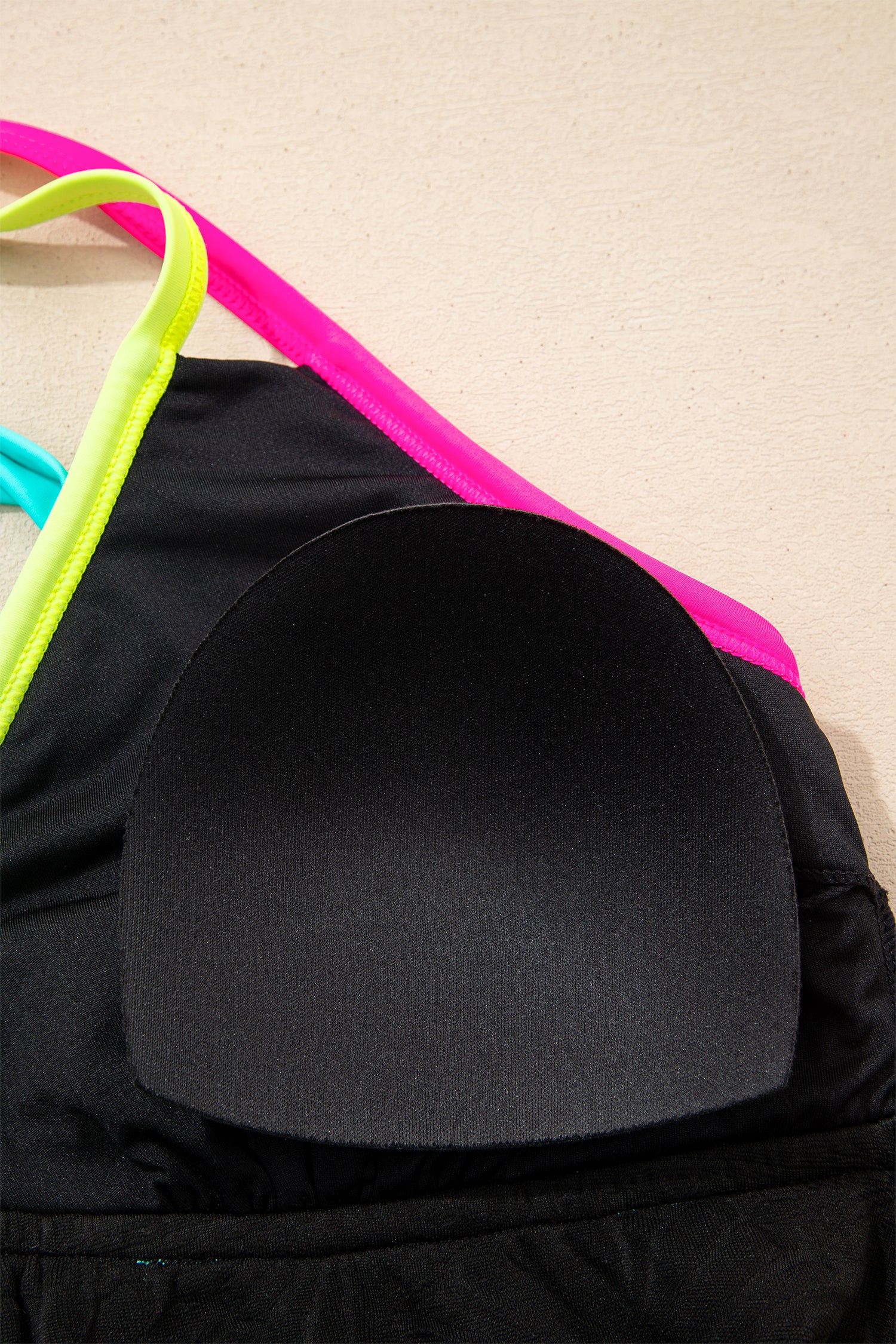 Black Floral Textured Neon Trim V Neck Crisscross Backless Tankini Set-Swimwear/Tankinis-[Adult]-[Female]-2022 Online Blue Zone Planet