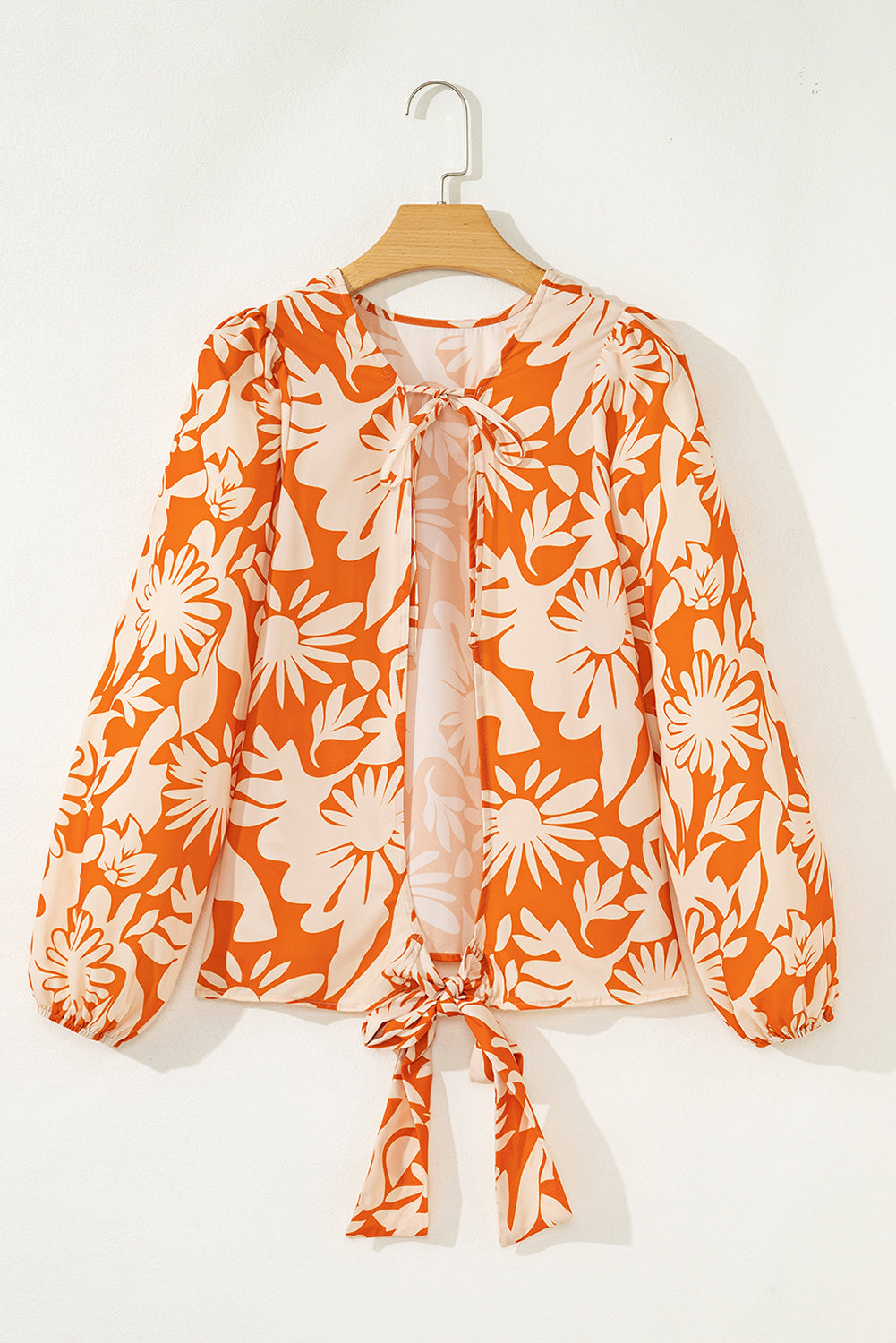 Orange Floral Print Knotted Open Back Long Sleeve Blouse-Tops/Blouses & Shirts-[Adult]-[Female]-2022 Online Blue Zone Planet