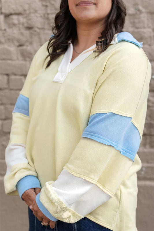 Yellow Cream Raw Seam Color Block Patchwork Plus Size V Neck Pullover-Plus Size/Plus Size Tops/Plus Size Long Sleeve Tops-[Adult]-[Female]-Yellow Cream-1X-2022 Online Blue Zone Planet