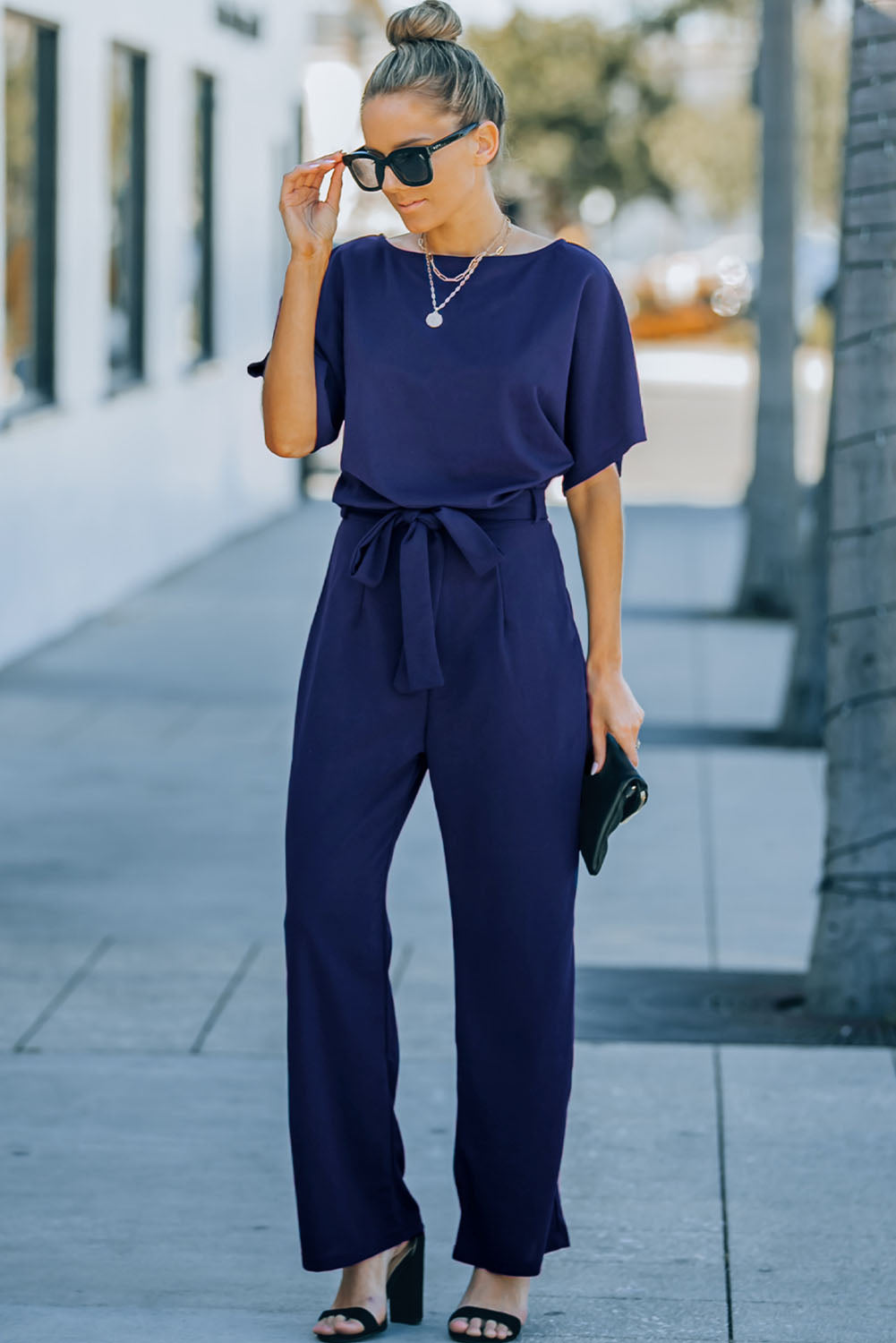 Blue Belted Wide Leg Jumpsuit-Bottoms/Jumpsuits & Rompers-[Adult]-[Female]-2022 Online Blue Zone Planet