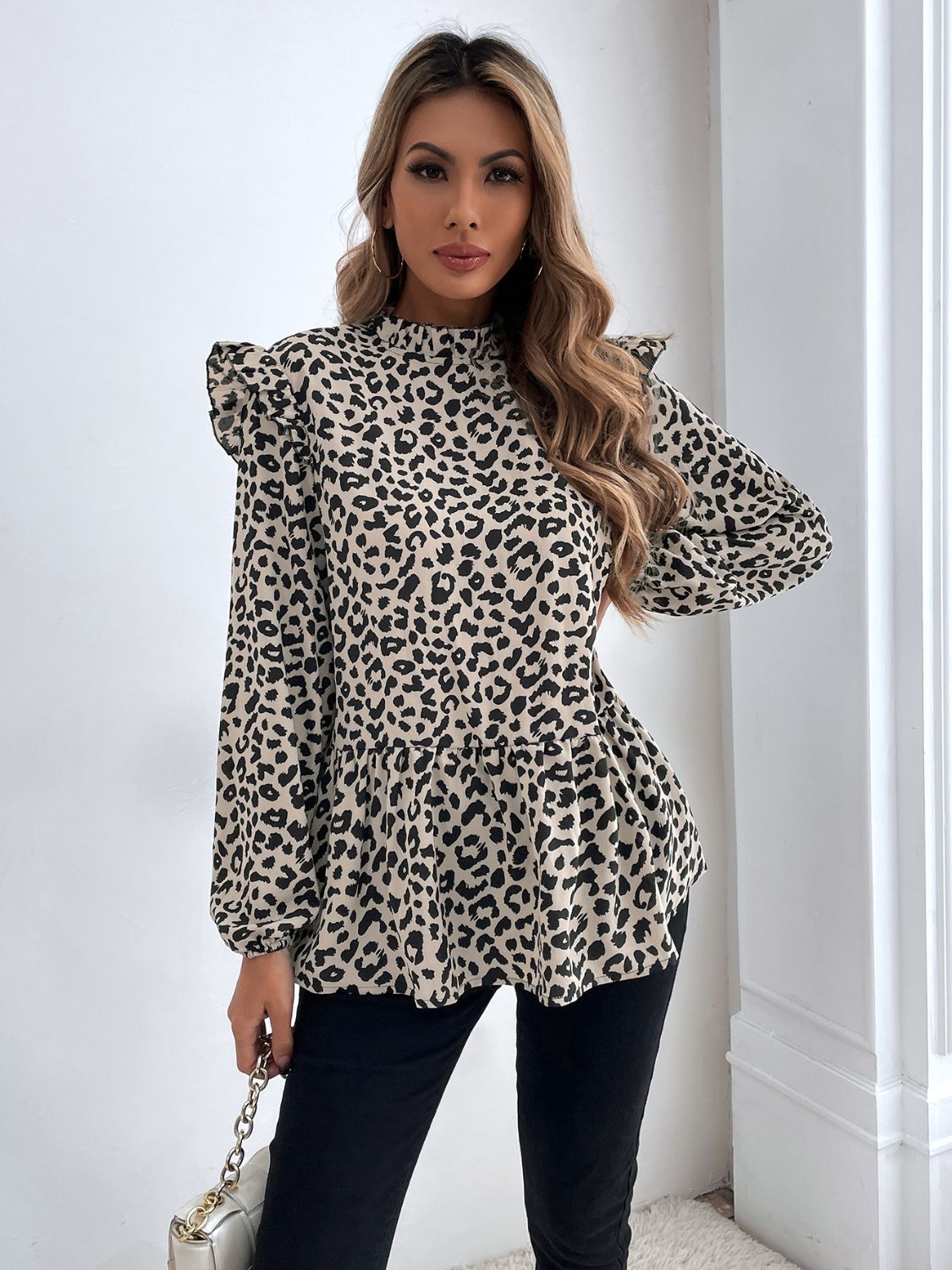 Ruffled Leopard Mock Neck Long Sleeve Blouse-TOPS / DRESSES-[Adult]-[Female]-2022 Online Blue Zone Planet