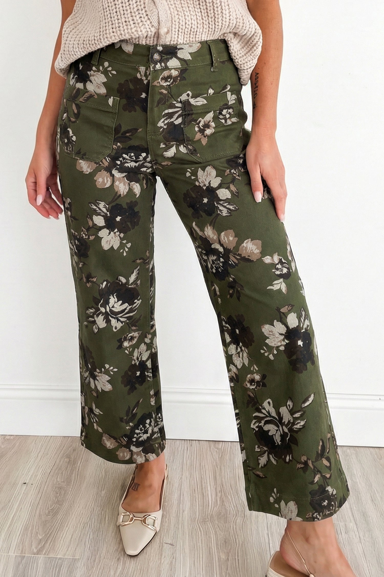 Green Vintage Floral Print Square Patch Pocket Raw Hem Shift Jeans-Bottoms/Jeans-[Adult]-[Female]-2022 Online Blue Zone Planet