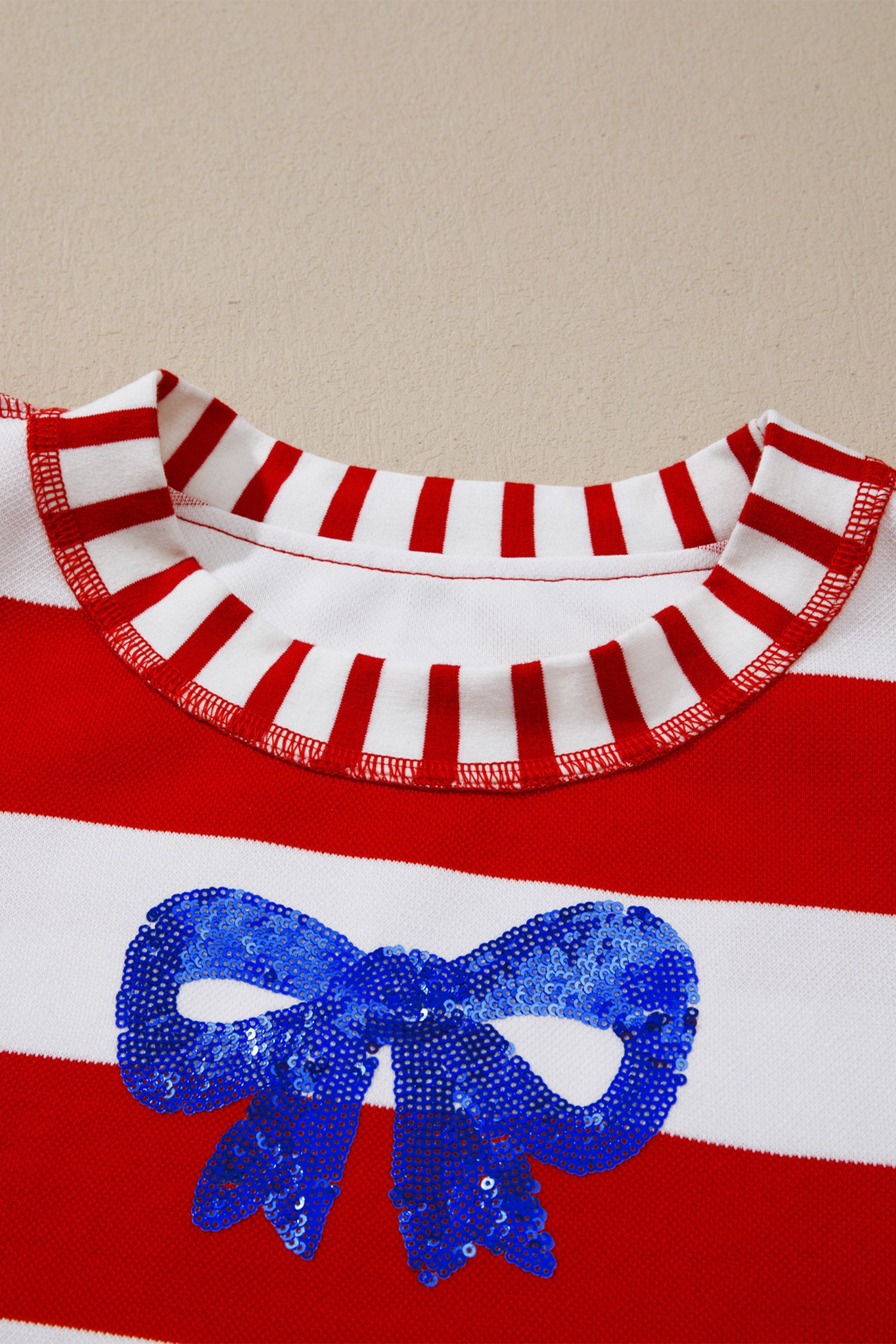 Red Stripe Sequin Bow Patriotic Half Sleeve Top-Tops/Tops & Tees-[Adult]-[Female]-2022 Online Blue Zone Planet