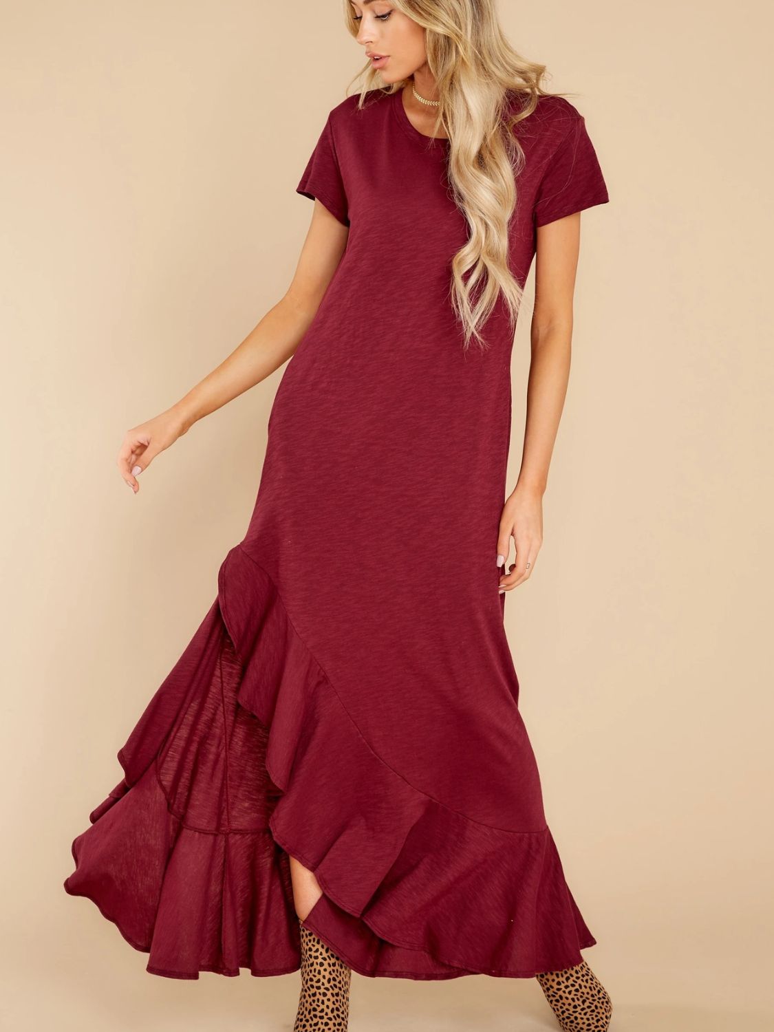 Blue Zone Planet | Slit Round Neck Short Sleeve Maxi Dress-TOPS / DRESSES-[Adult]-[Female]-Burgundy-S-2022 Online Blue Zone Planet