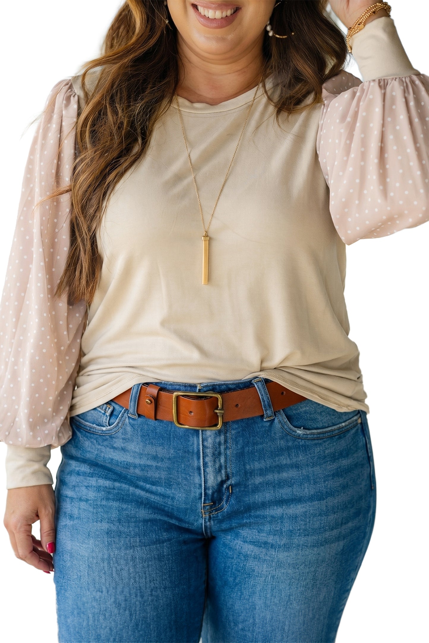 Parchment Polka Dot Long Sleeve Round Neck Plus Size Blouse-Plus Size/Plus Size Tops/Plus Size Long Sleeve Tops-[Adult]-[Female]-2022 Online Blue Zone Planet