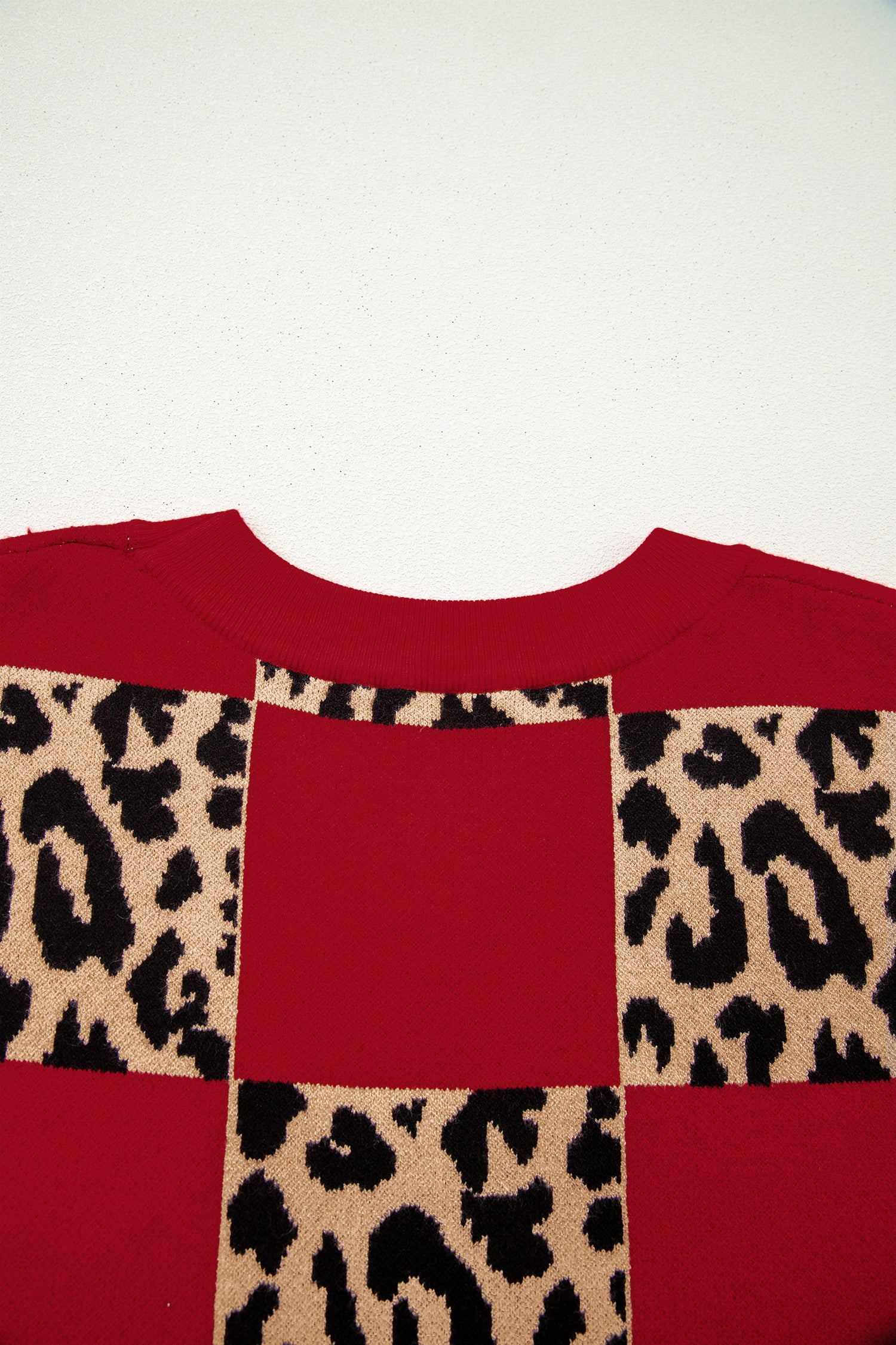 Red Plus Size Leopard Contrasted Checkered Short Sleeve Sweater-TOPS / DRESSES-[Adult]-[Female]-2022 Online Blue Zone Planet