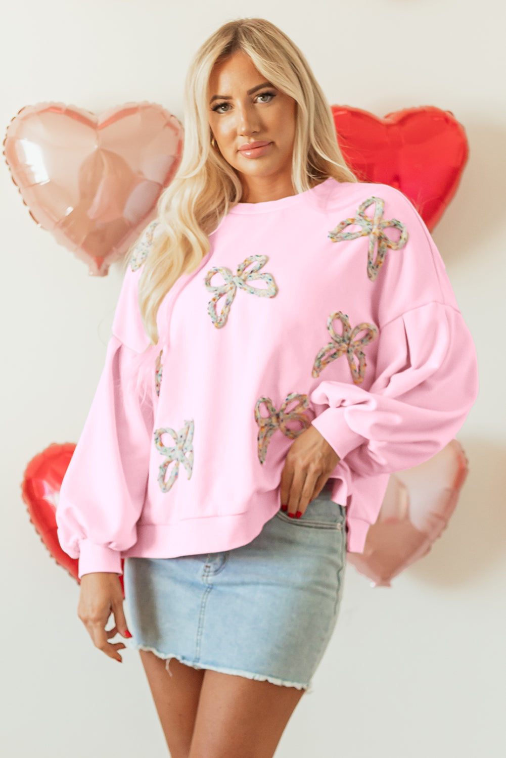 Blue Zone Planet | Light Pink Embroidered Bow Lantern Sleeve Oversized Pullover Sweatshirt-Tops/Sweatshirts & Hoodies-[Adult]-[Female]-2022 Online Blue Zone Planet