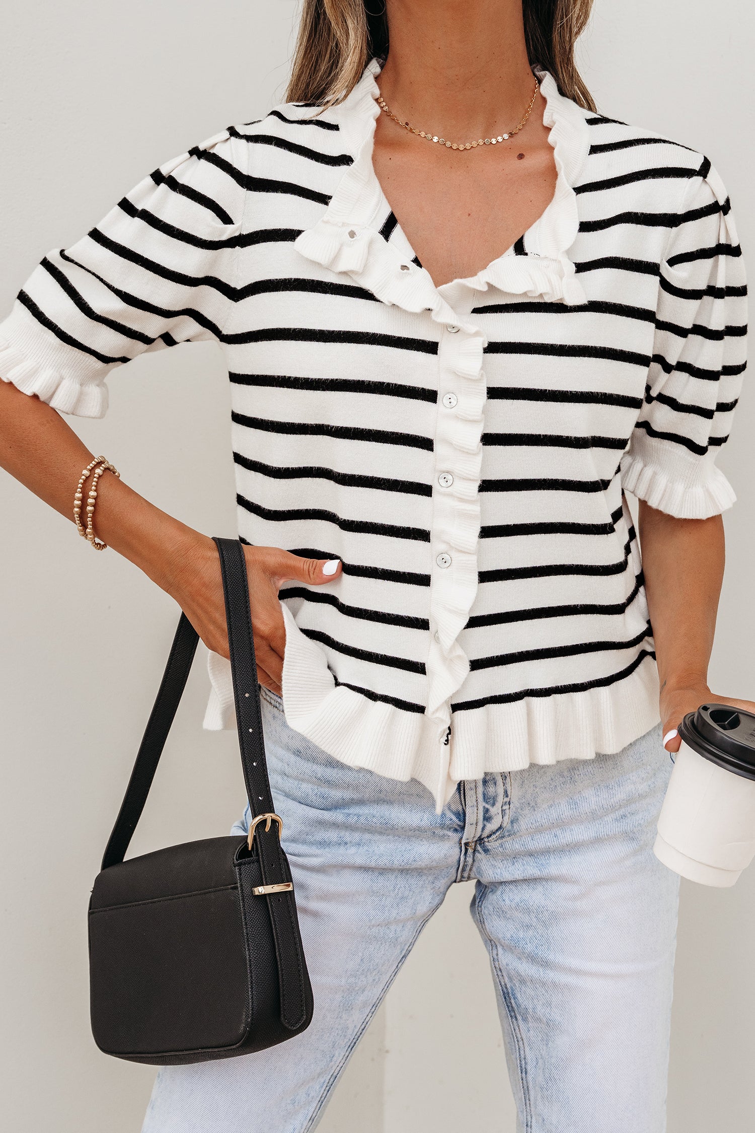 Beige Stripe Ruffle Trim Button Down Knit Short Sleeve Sweater Cardigan-TOPS / DRESSES-[Adult]-[Female]-2022 Online Blue Zone Planet