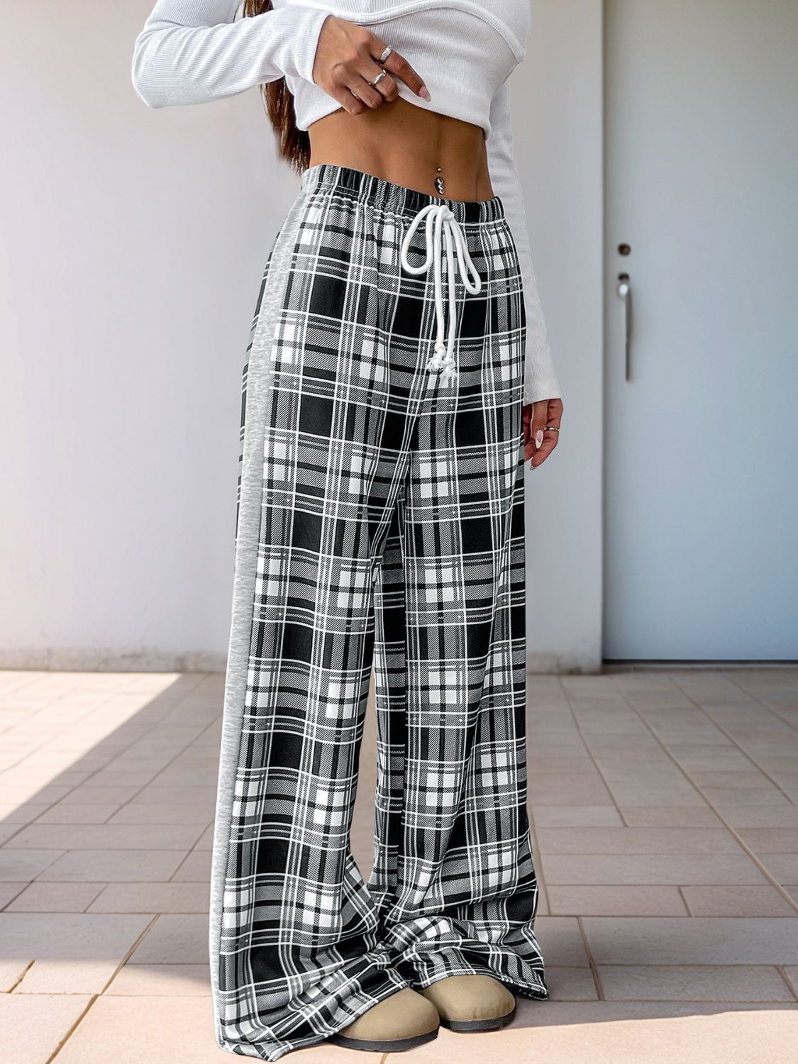 Perfee Drawstring Plaid Wide Leg Pants-BOTTOMS SIZES SMALL MEDIUM LARGE-[Adult]-[Female]-2022 Online Blue Zone Planet