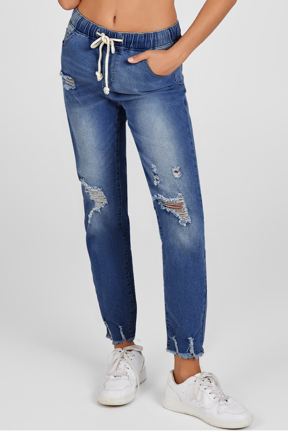 Dark Blue Elastic Waist Straight Leg Destroyed Raw Hem Jeans-Bottoms/Jeans-[Adult]-[Female]-2022 Online Blue Zone Planet