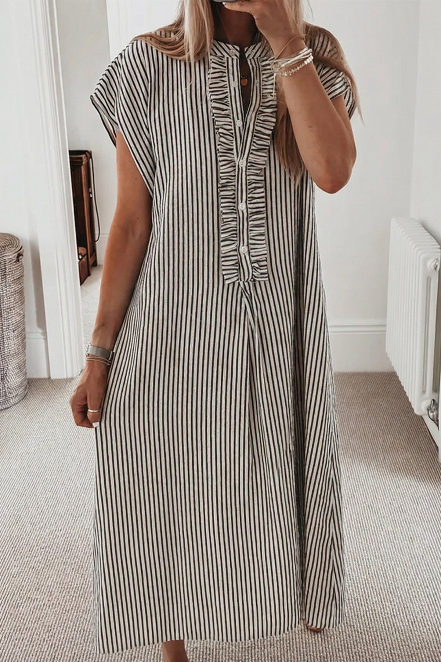 Red Stripe Frilled Detail Half Buttons Short Sleeve Long Dress-Dresses/Maxi Dresses-[Adult]-[Female]-Black Stripe-S-2022 Online Blue Zone Planet