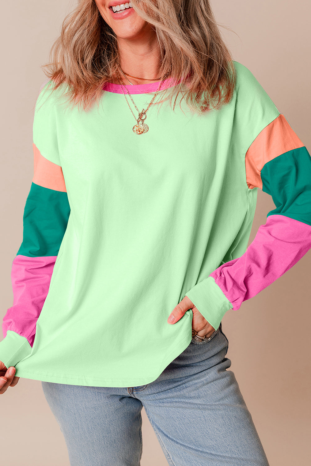 Blue Zone Planet | Green Colorblock Patchwork Long Sleeve Loose Top-TOPS / DRESSES-[Adult]-[Female]-2022 Online Blue Zone Planet