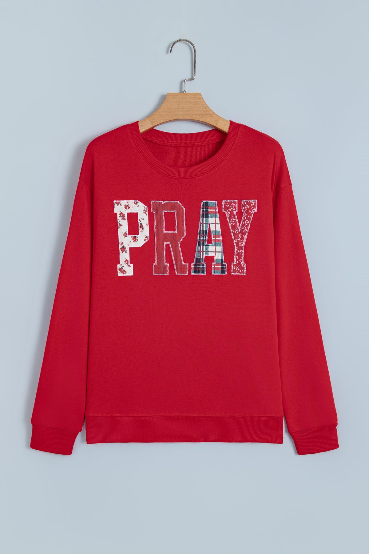 Racing Red Floral Buffalo Plaid Striped Embroidered Patch Western Pullover Sweatshirt-Tops/Sweatshirts & Hoodies-[Adult]-[Female]-2022 Online Blue Zone Planet