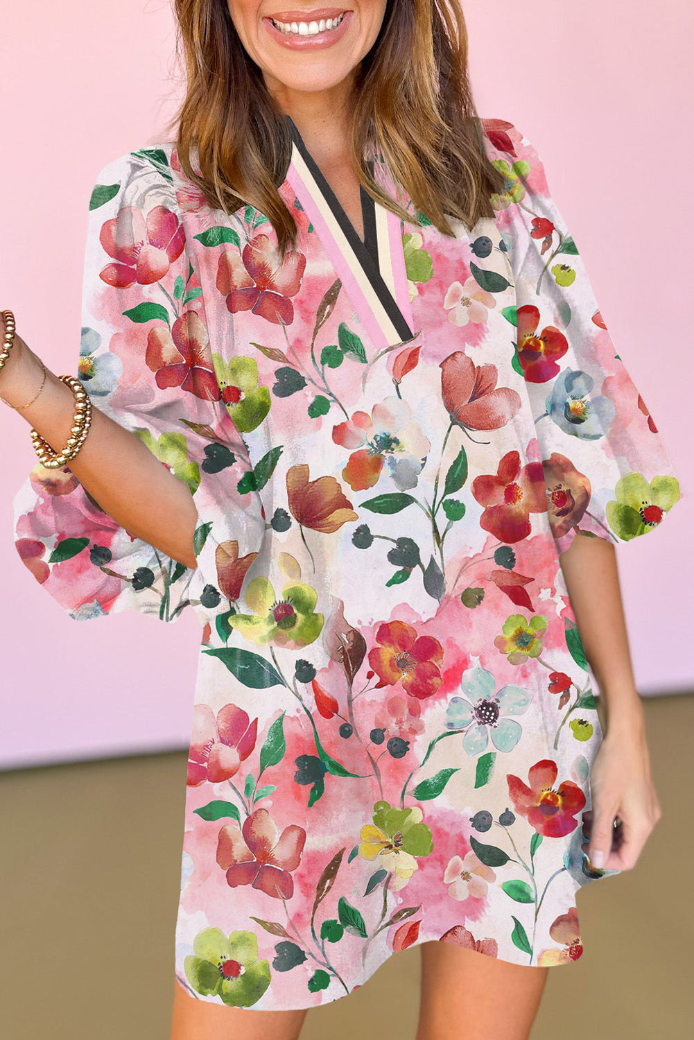 Red Floral Contrast Striped V Neck Puff Half Sleeve Shift Dress-TOPS / DRESSES-[Adult]-[Female]-2022 Online Blue Zone Planet