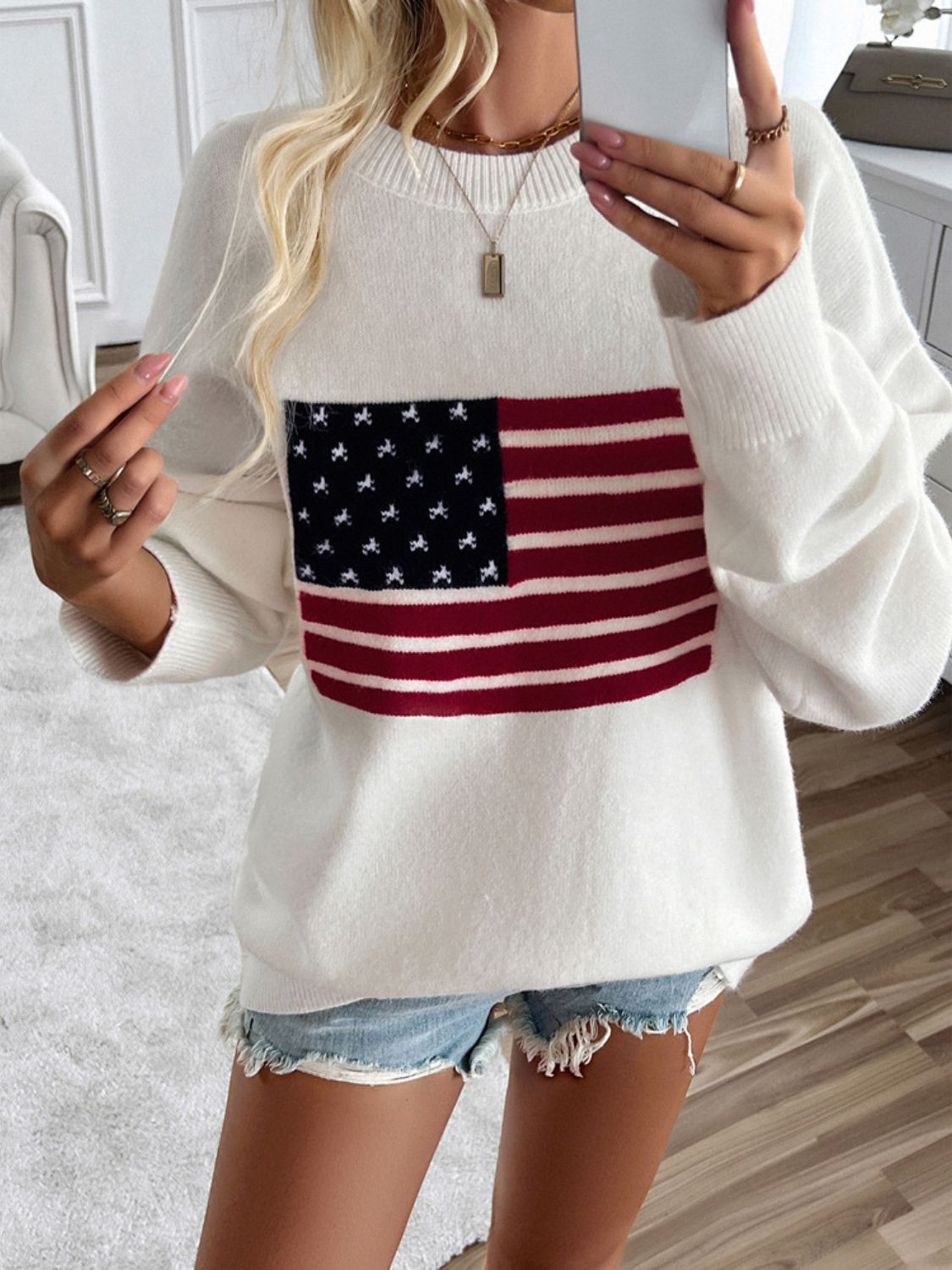 Devine US Flag Round Neck Long Sleeve Knit Top-TOPS / DRESSES-[Adult]-[Female]-White-S-2022 Online Blue Zone Planet