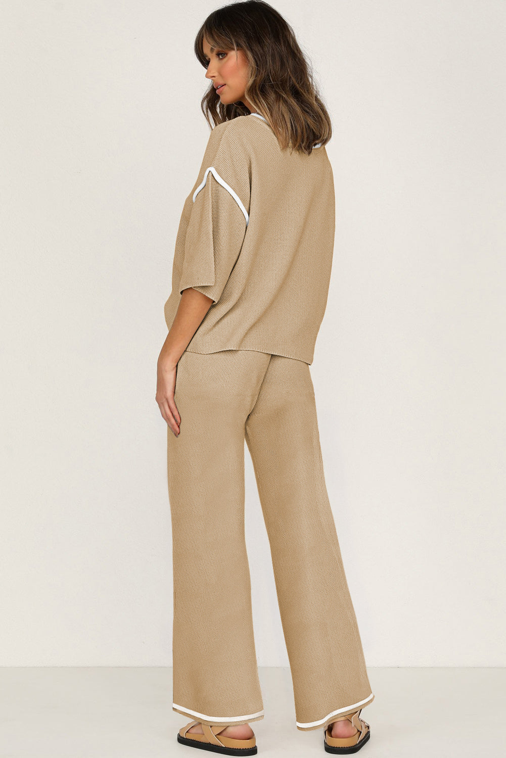 Camel Contrast Trim Half Sleeve Top Drawstring Pants Loose 2pcs Sweater Suit-Two Piece Sets/Pant Sets-[Adult]-[Female]-2022 Online Blue Zone Planet