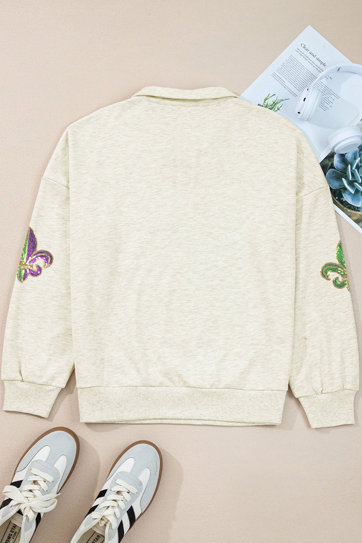 Light Grey Mardi Gras Elements Sequin Patched Striped Patchwork Zip Neck Pullover Sweatshirt-Graphic/Graphic Sweatshirts-[Adult]-[Female]-2022 Online Blue Zone Planet